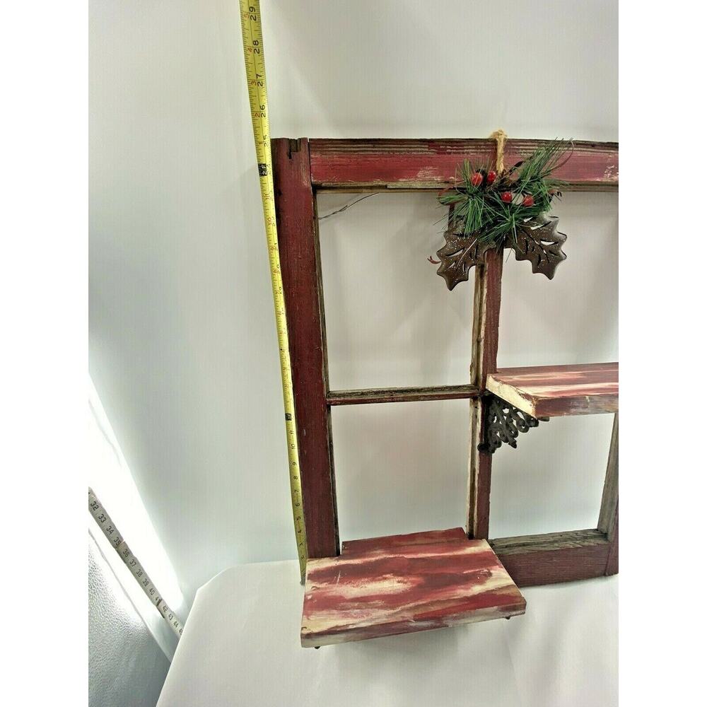 Vintage Red Barn Wood 4 Pane Window Wall Shelf Christmas Hollyberry Shadow Box - Picture 6 of 12